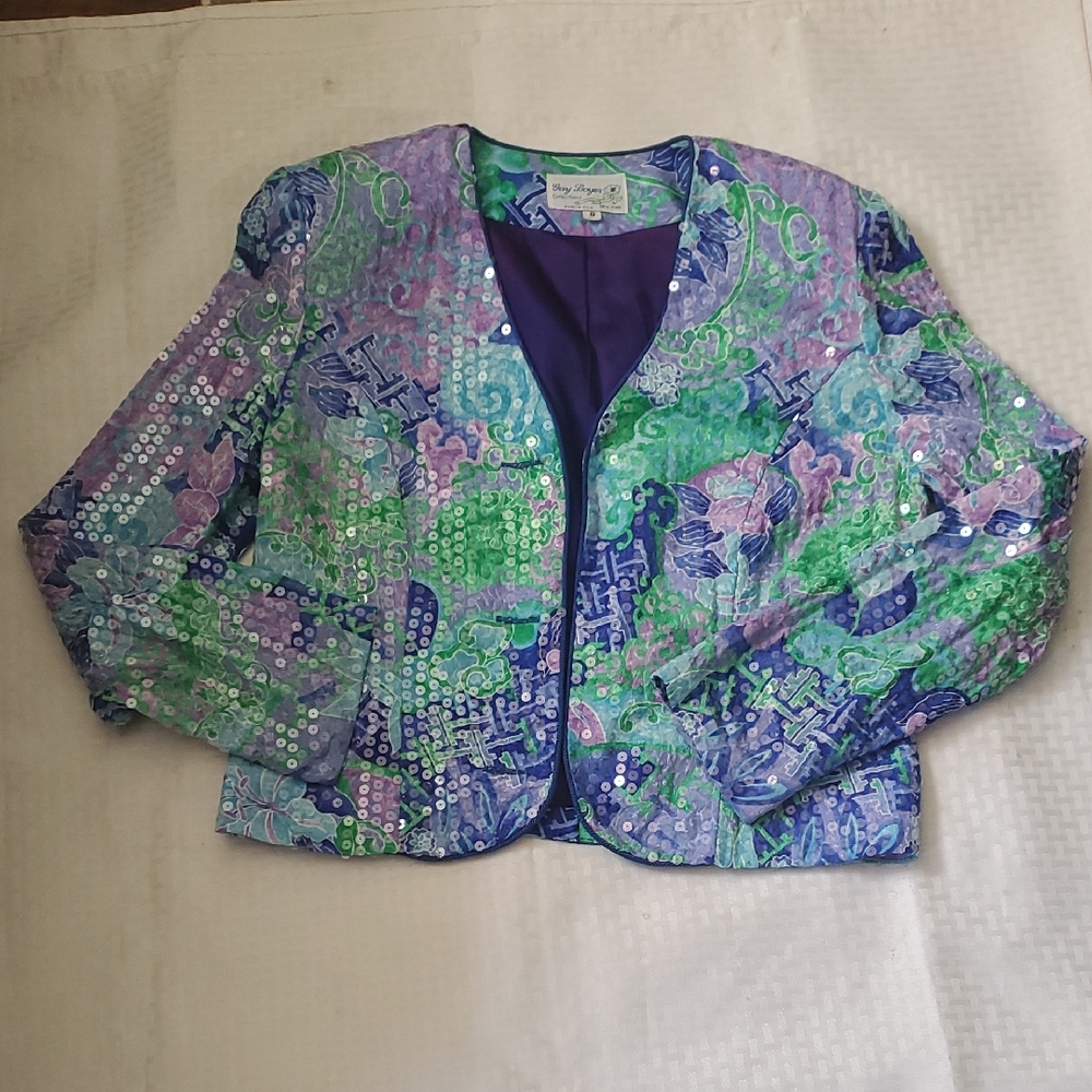 Vtg Sequin-Embellished Lavender & Aqua Women's Blazer - Picture 14 of 17